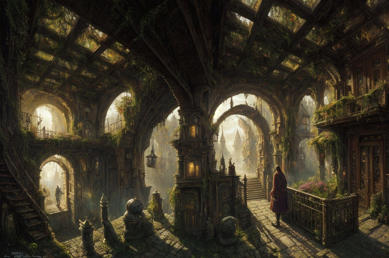 Fantasy archway with intricate stonework and lush greenery under golden sunlight