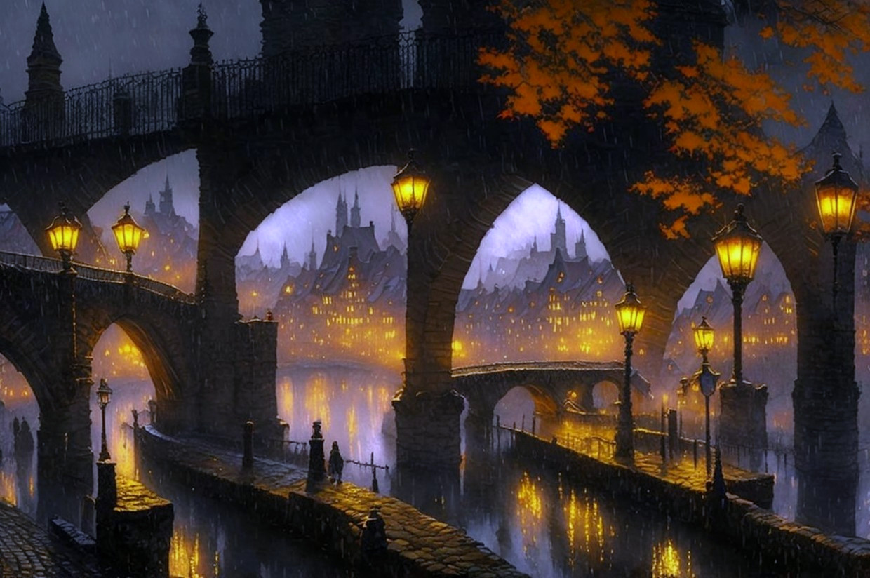 Misty evening scene: old stone bridge, glowing street lamps, medieval town, autumn leaves, couple