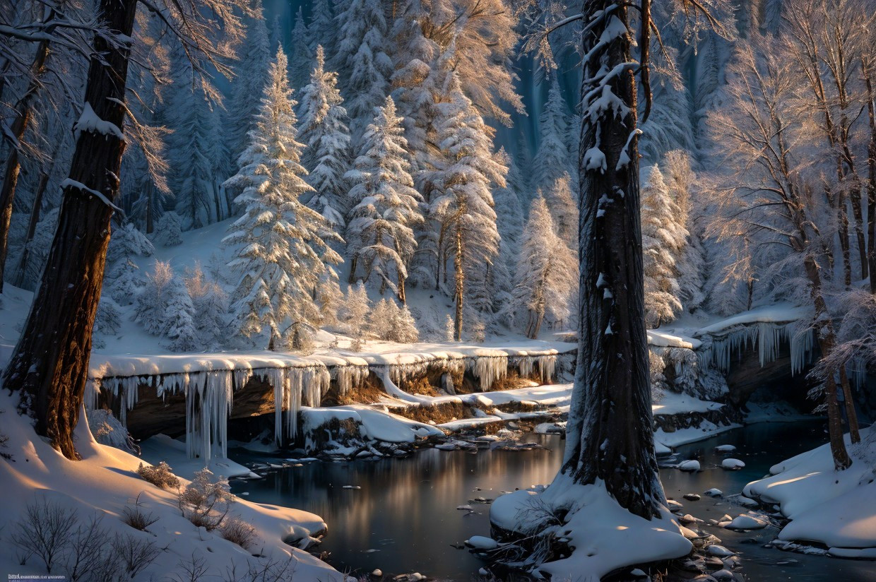 Snow-covered trees, frozen river, sunlight, icicles: Winter forest landscape.