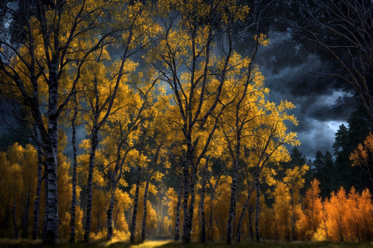 Tranquil forest with tall birch trees and golden leaves under diffused light