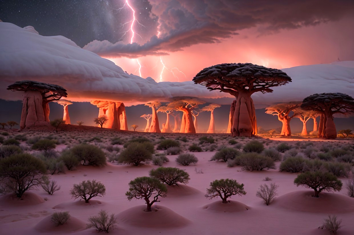 Surreal snow-capped baobab trees under starry sky with lightning