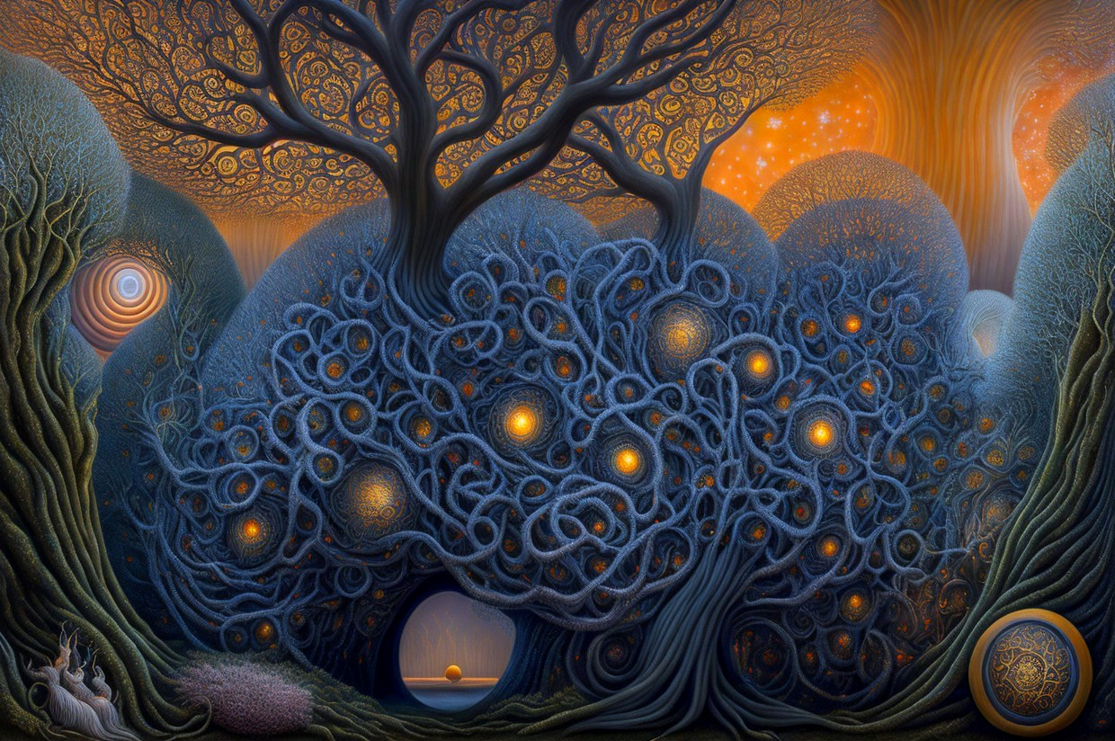 Surreal fantasy landscape with glowing orb trees