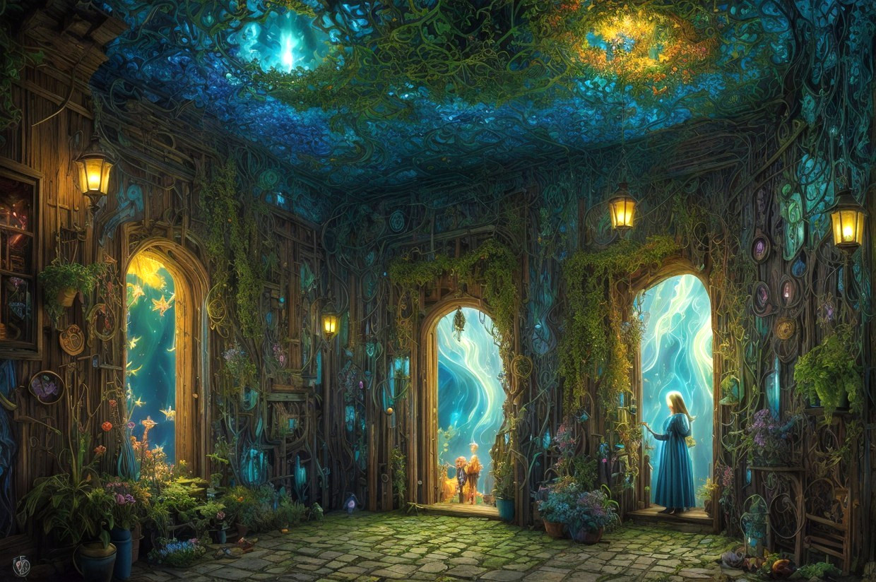 Enchanting forest interior with glowing lanterns and mystical figures