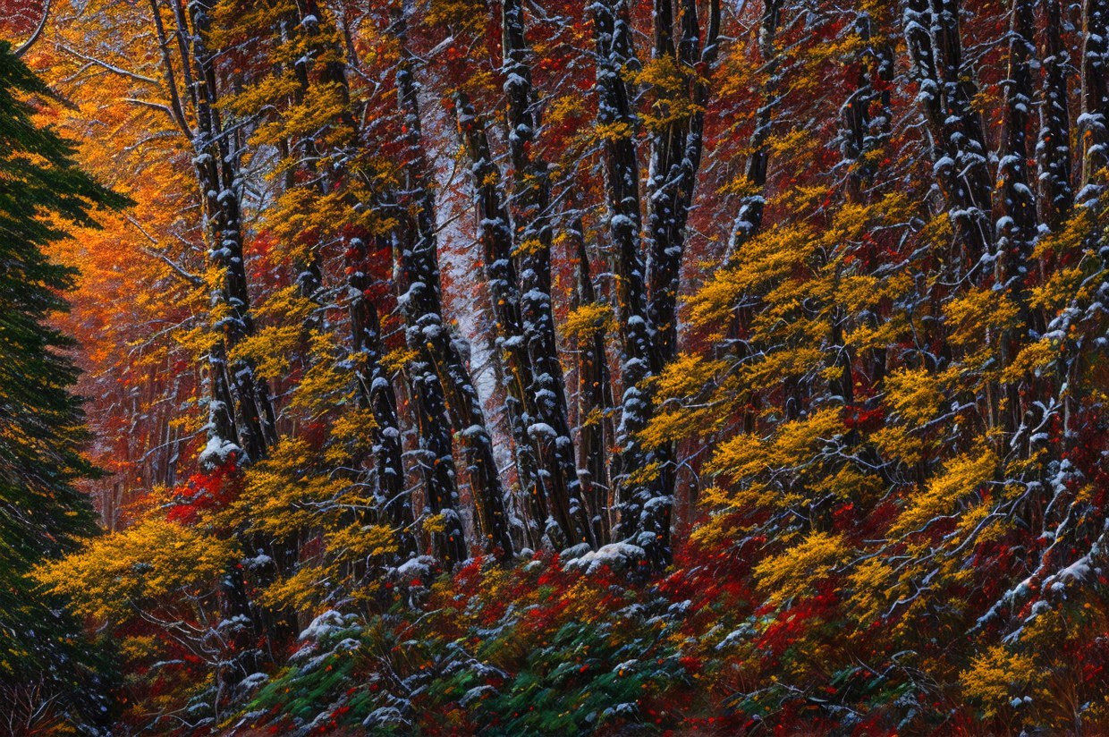 Vibrant Autumnal Forest with Orange and Red Foliage in Snowfall
