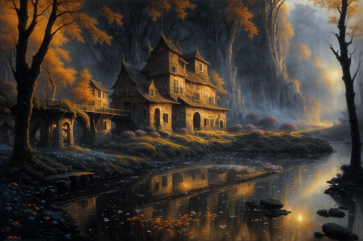 Rustic multi-story house by calm river in autumn landscape
