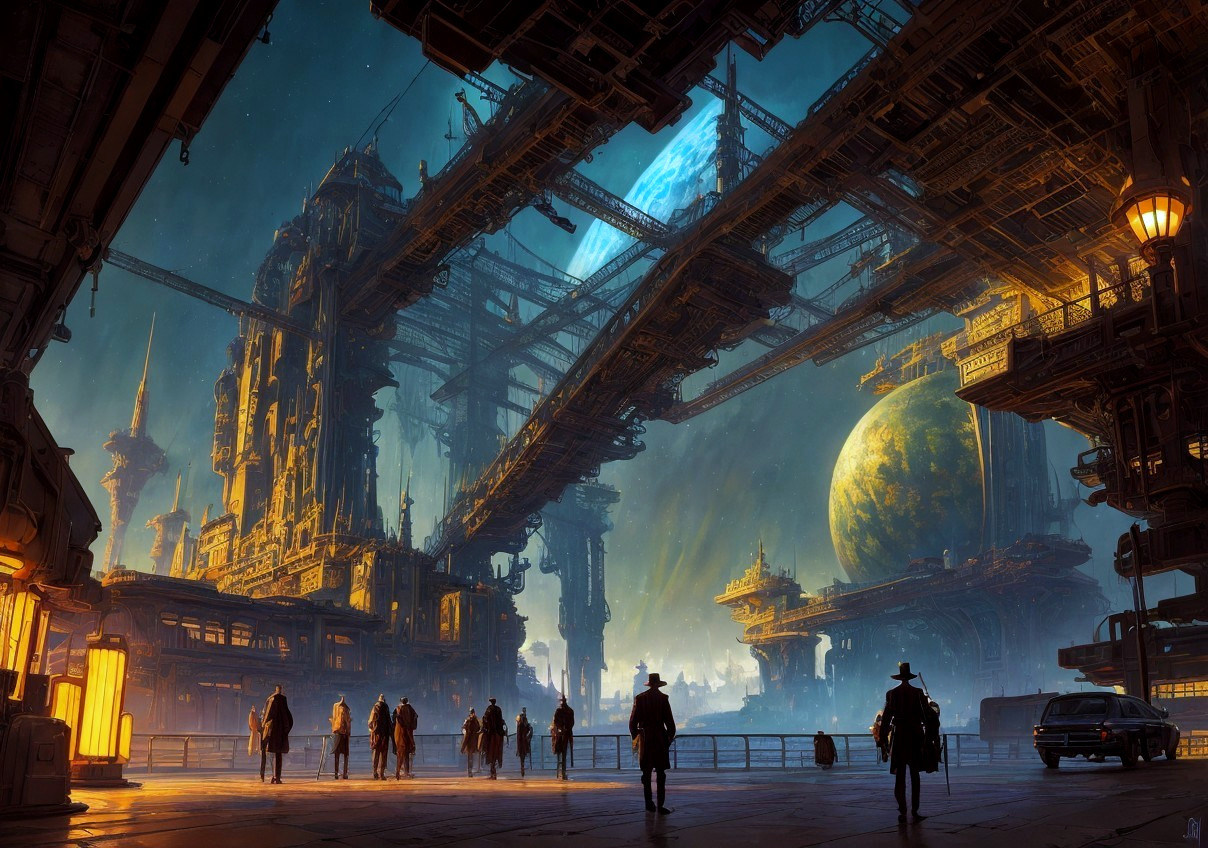 Futuristic cityscape with towering structures and silhouetted figures under vast arches