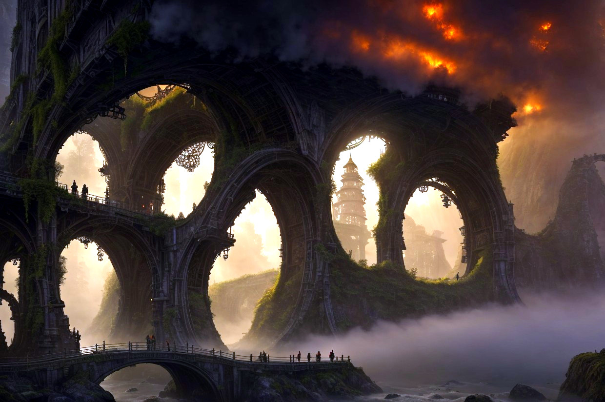 Intricate arch bridge in misty dusk landscape