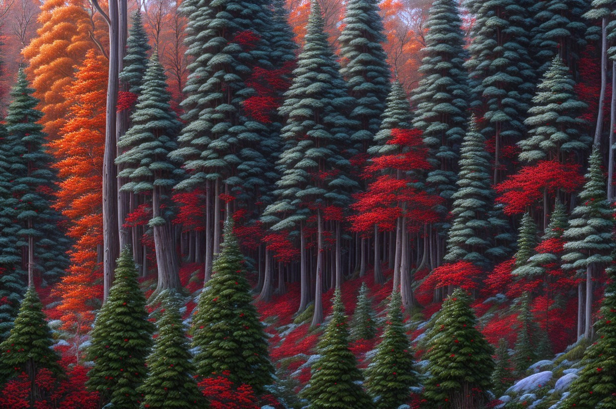 Vibrant autumn colors in dense forest landscape