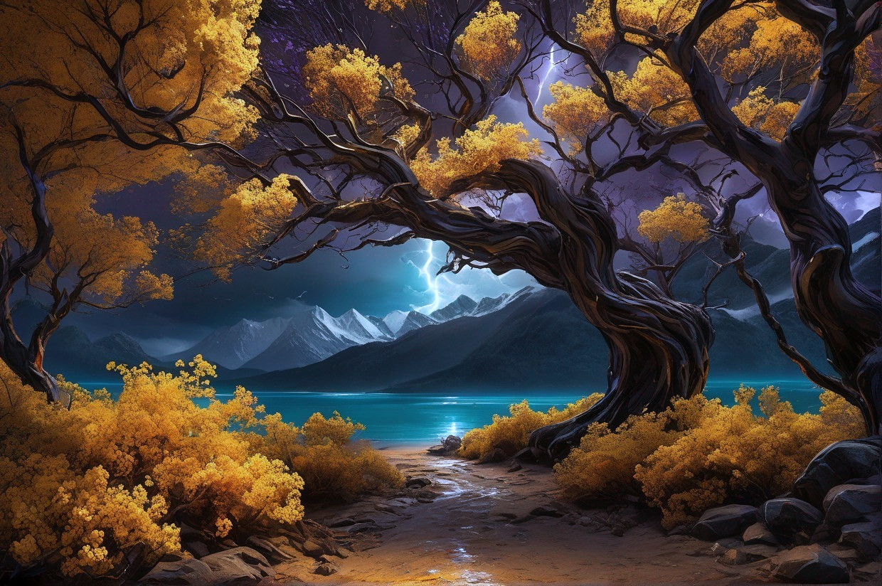Vibrant yellow trees frame serene lake at night