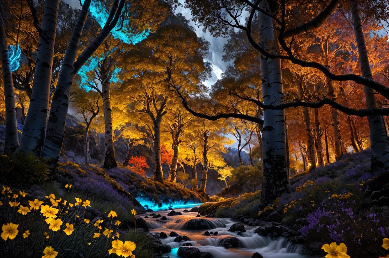 Enchanting twilight forest with autumn foliage, blue streams, birch trees, and yellow flowers.