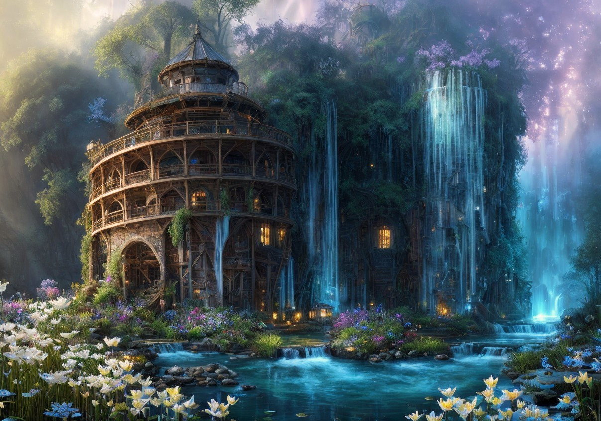 Intricate treehouse in fantasy woodland with waterfalls and colorful flora