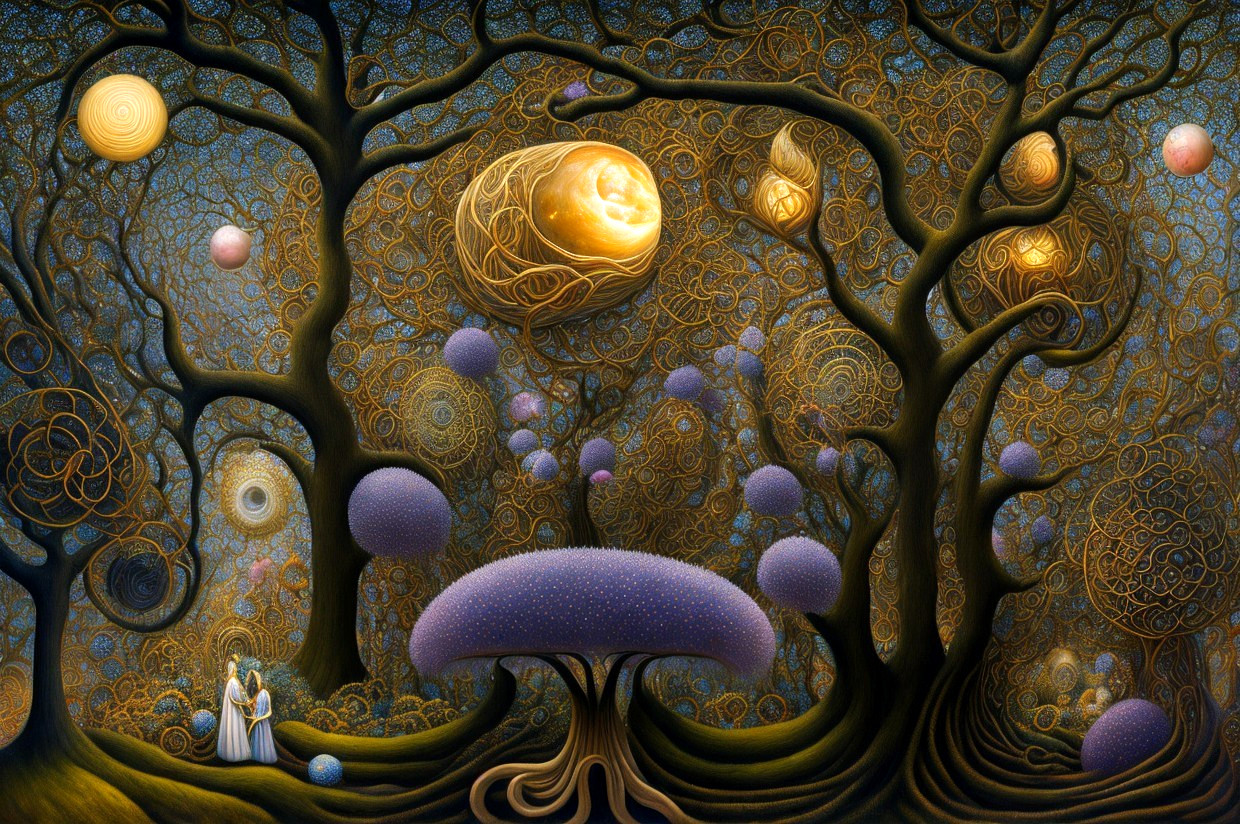 Golden Trees and Colorful Orbs in Surreal Forest Scene