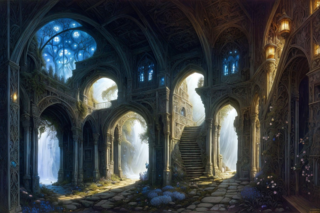 Ornate Gothic arches and grand staircase in fantasy interior
