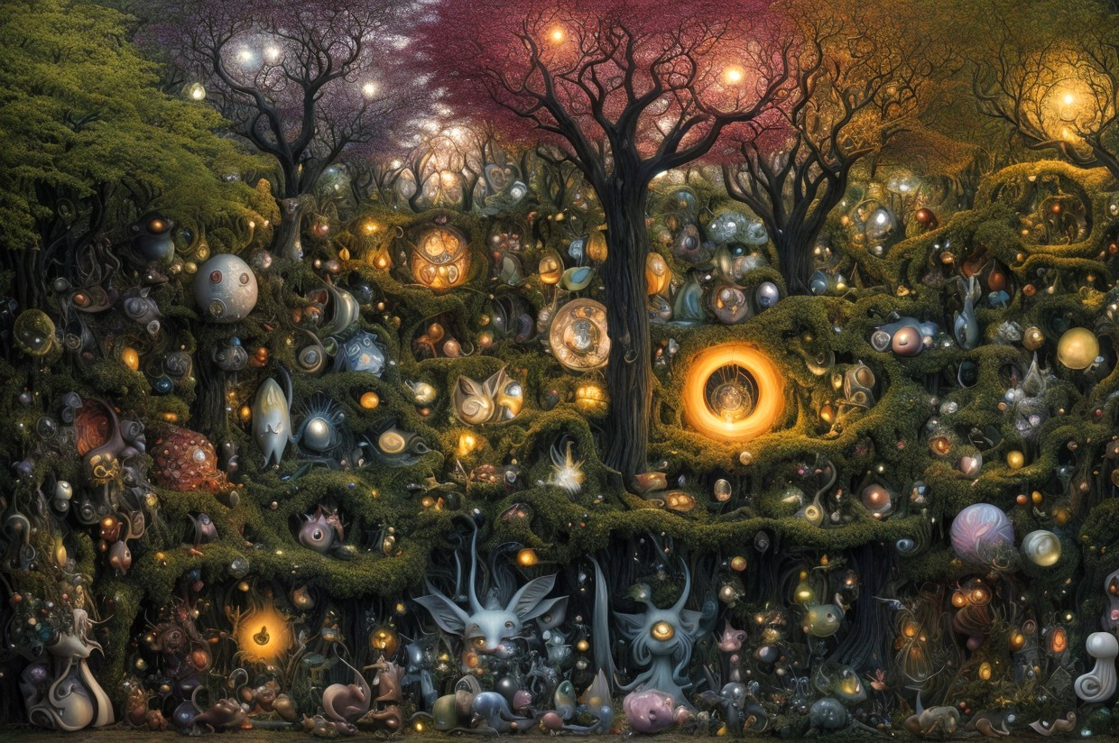 Enchanting forest with whimsical creatures and mystical orbs