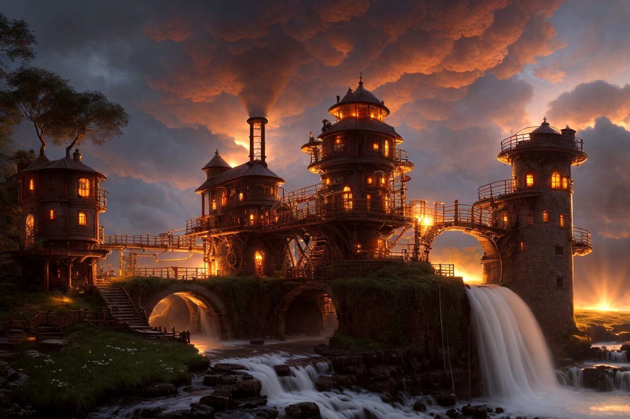 Twilight fantasy landscape with steampunk buildings on waterfalls