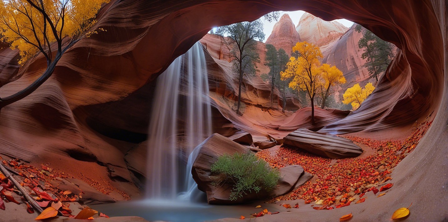 Hidden Canyon with Waterfall and Autumn Foliage