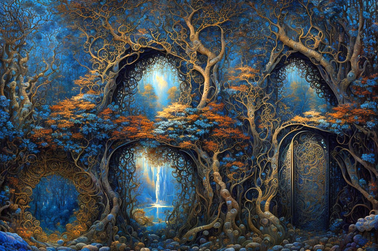 Mystical forest with archways, twisted trees, and shining lights