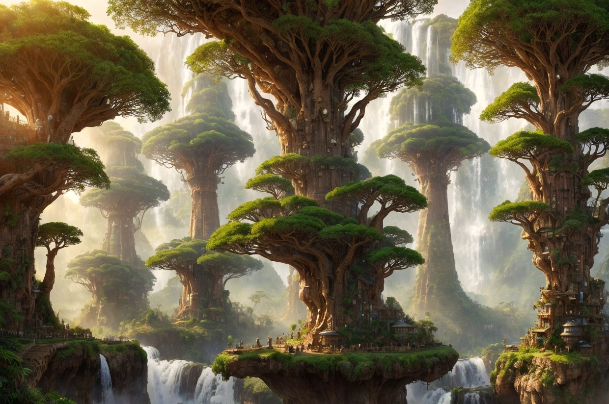 Majestic forest scene with towering trees and waterfalls
