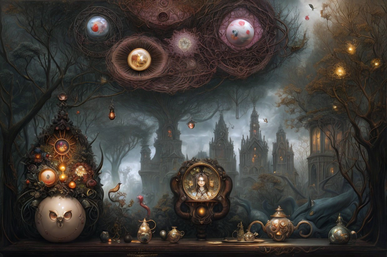 Enchanting forest scene with teapots, intricate trees, eyes, and glowing elements in a