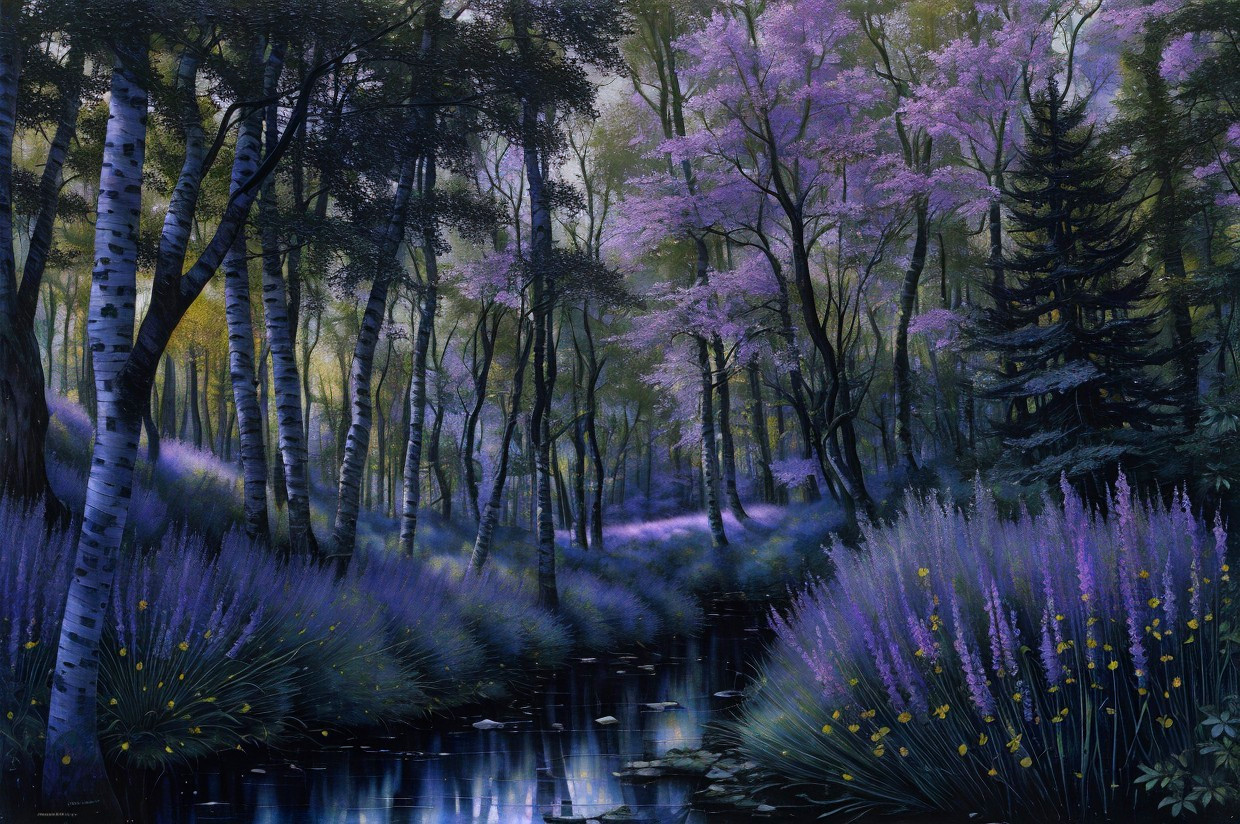 Tranquil Twilight Forest with Birch Trees and Purple Flowers