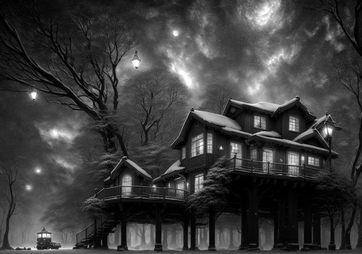 Old-fashioned house with multiple gables under starry night sky and bare trees.