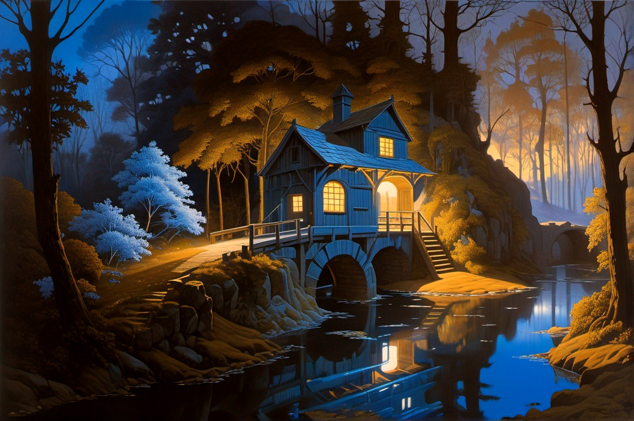 Moonlit House on Bridge Over Still River Scene