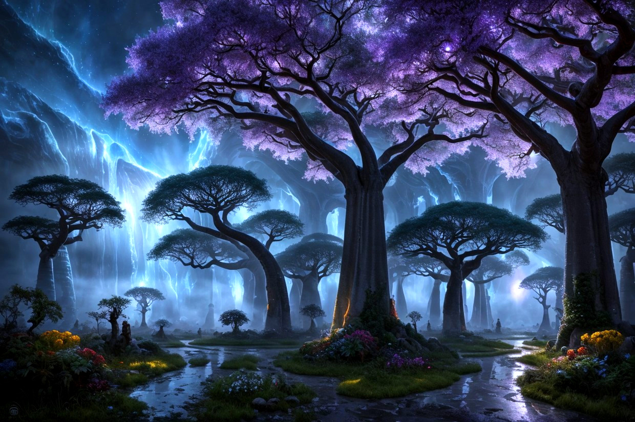 Enchanting night landscape with towering trees and cascading waterfall