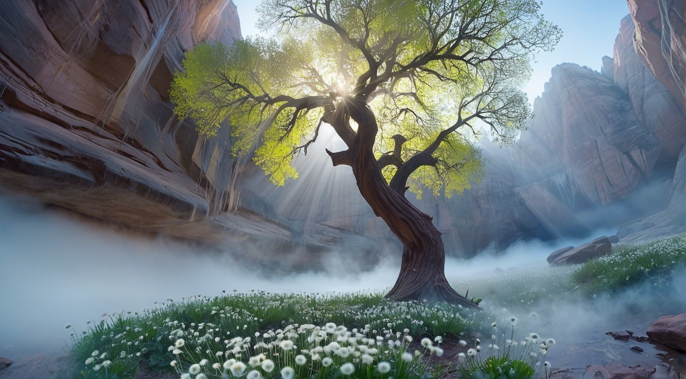 Majestic Tree in Serene Canyon with Dandelions