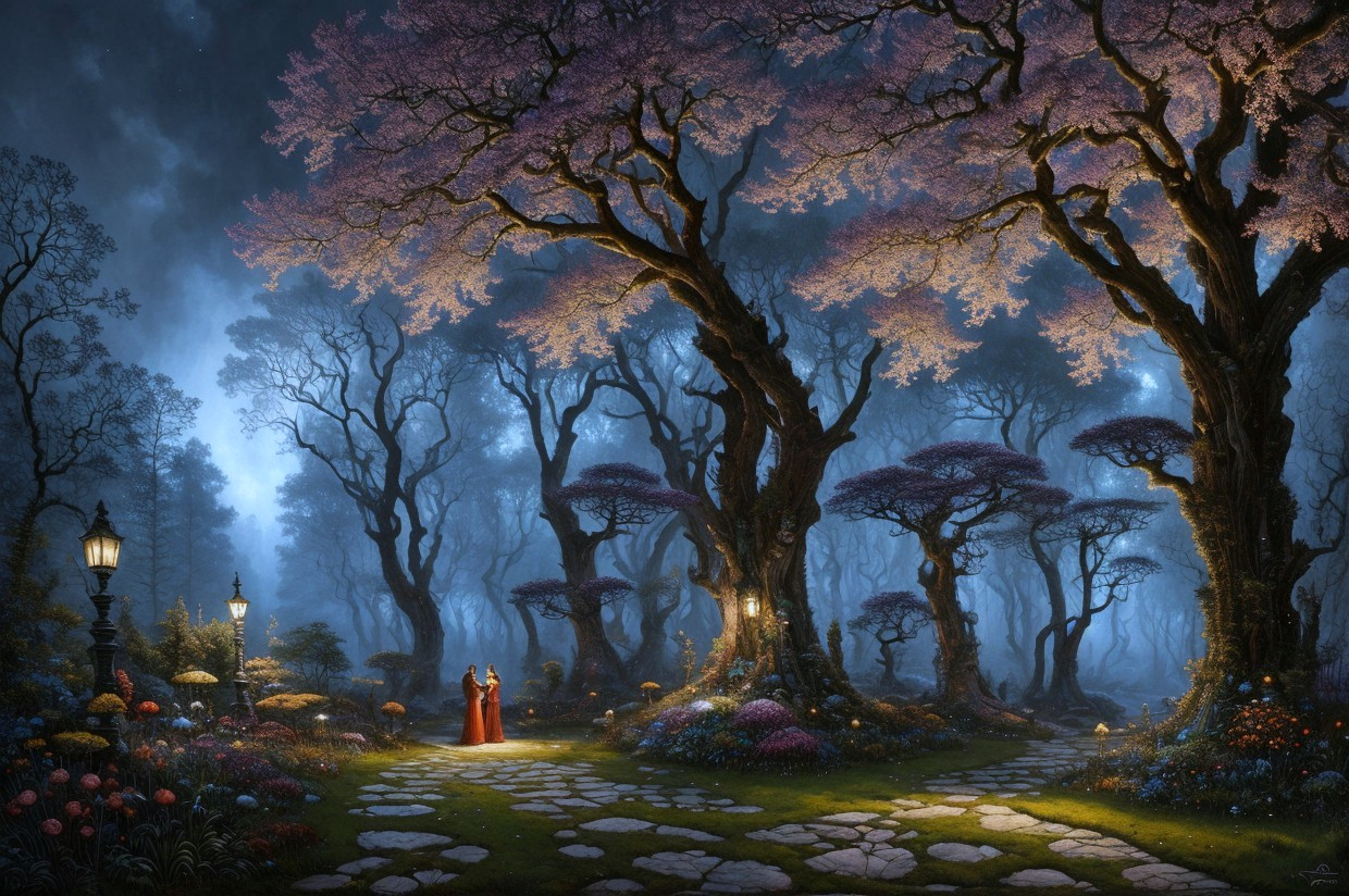 Enchanted forest glade with pink blooming trees and couple on cobblestone path