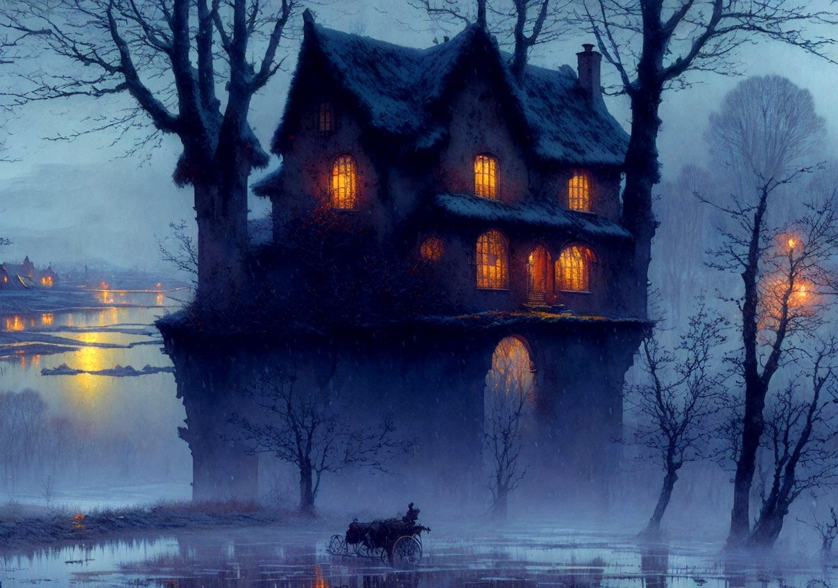 Twilight scene: misty house, carriage, bare trees, reflection