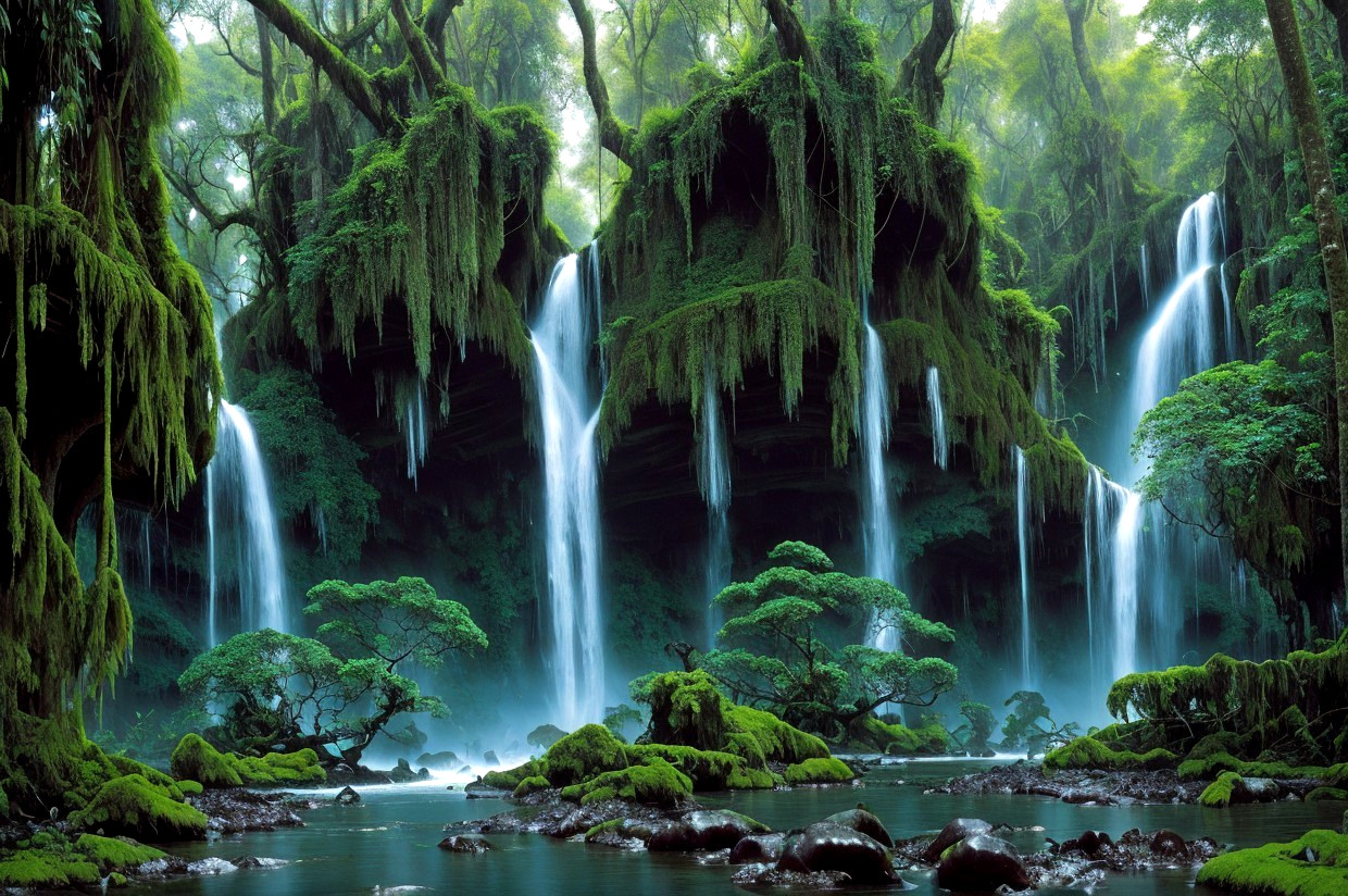 Serene river with mossy rocks and multiple waterfalls in lush green forest