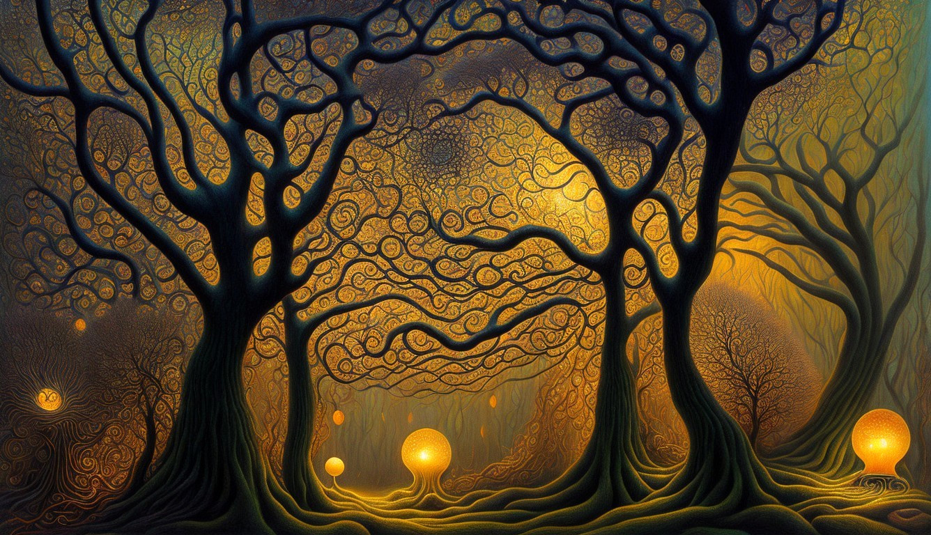 Surreal Forest with Glowing Orbs and Twisting Trees