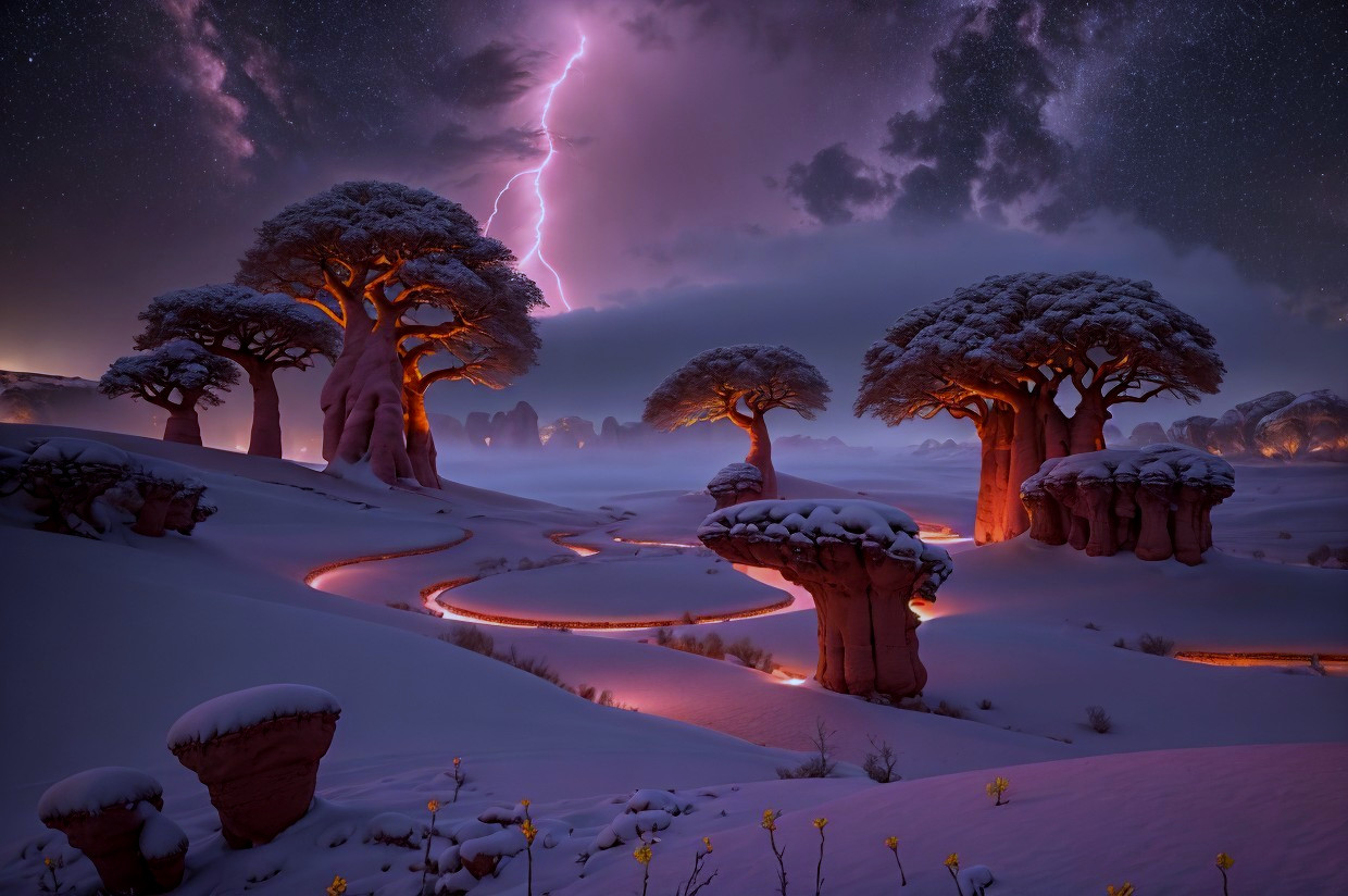 Surreal winter night landscape with baobab trees, rock formations, stream, lightning, and