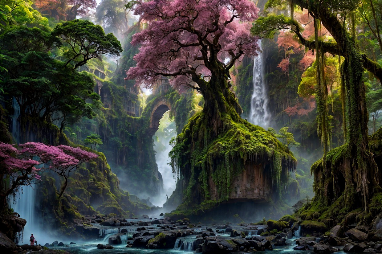 Majestic forest scene with cherry blossoms, waterfalls, moss-covered trees, and river