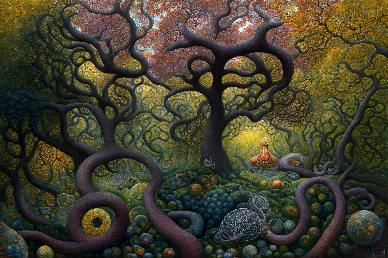 Fantastical landscape with twisted trees, greenery, turtle, and meditating person