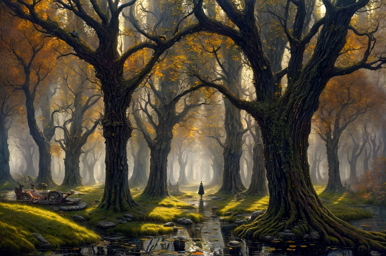 Tranquil forest scene with mist, twisted trees, river, figure, and abandoned cart.