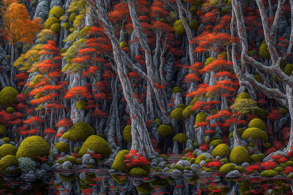 Tranquil autumn forest scene with vibrant foliage and serene pond