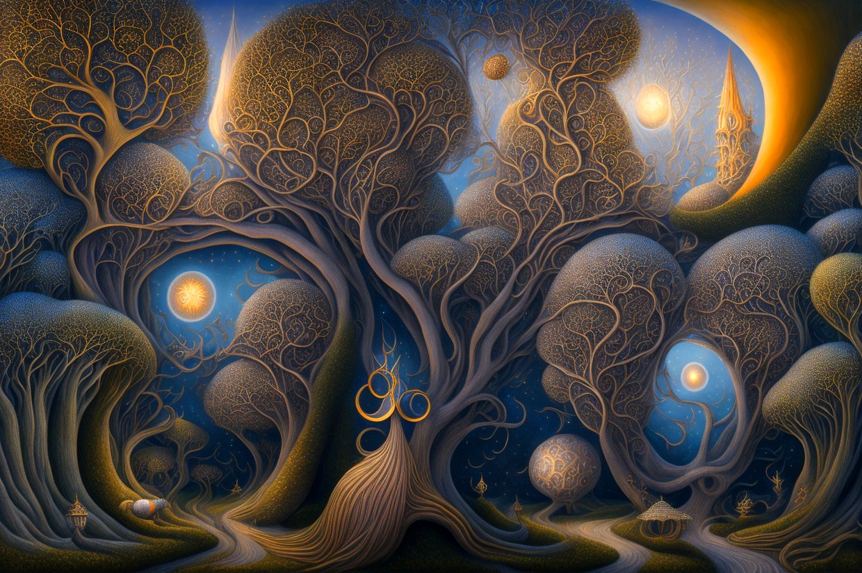 Detailed surreal landscape with glowing orbs and intricate trees