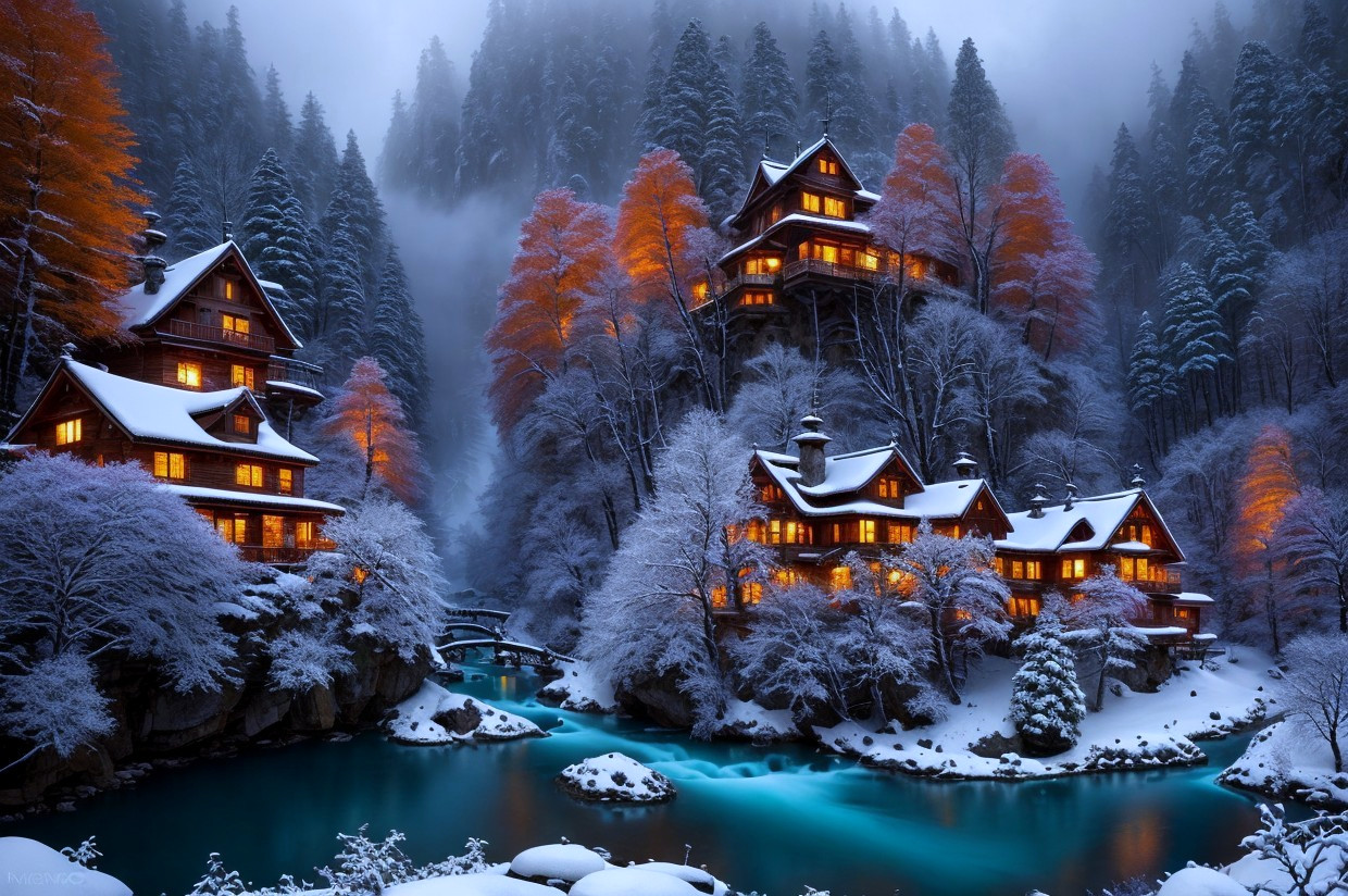 Snowy forest houses by serene river at dusk or dawn