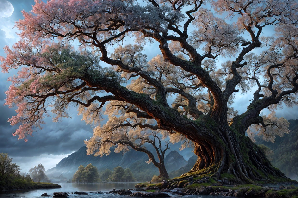Ancient tree with pink foliage near river and mountains