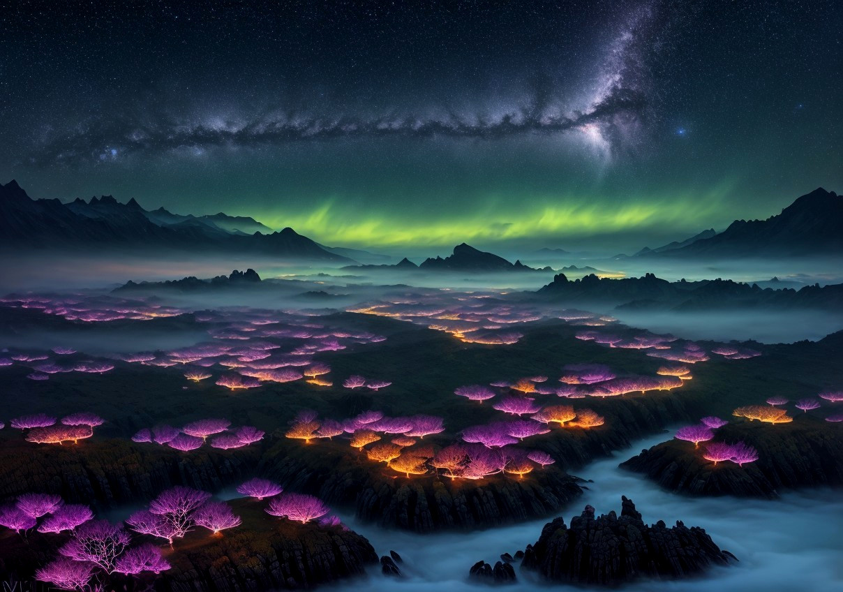 Starry Night Landscape with Milky Way, Purple Trees, Fog, and Northern Lights