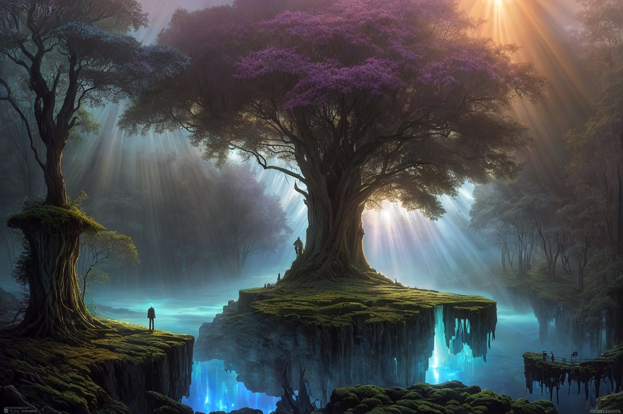 Enchanting forest scene with sunbeams, purple-leafed tree, figures, and glowing