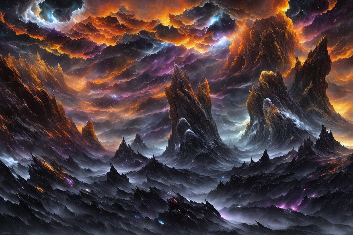 Vibrant cosmic landscape with towering mountain spires