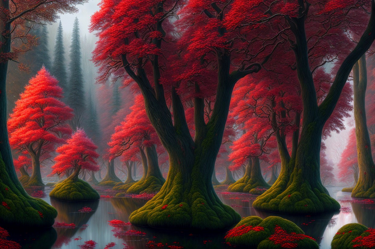 Vibrant red foliage in mystical forest with foggy waterbody