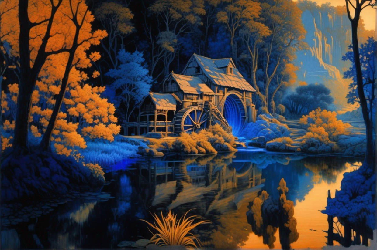 Tranquil twilight scene of an old watermill by a calm river