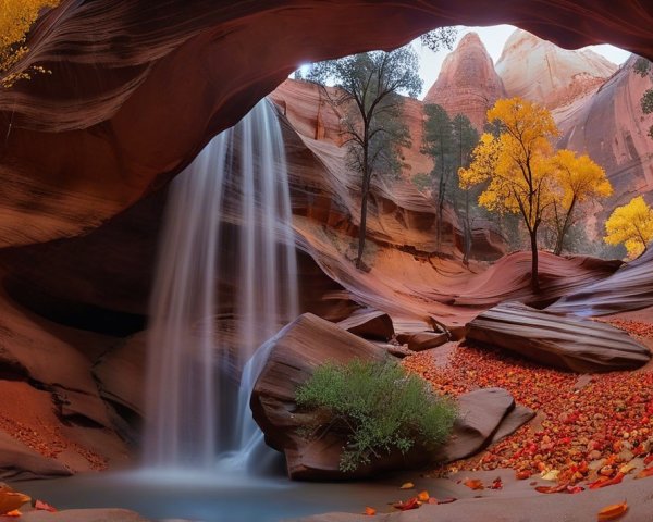 Hidden Canyon with Waterfall and Autumn Foliage