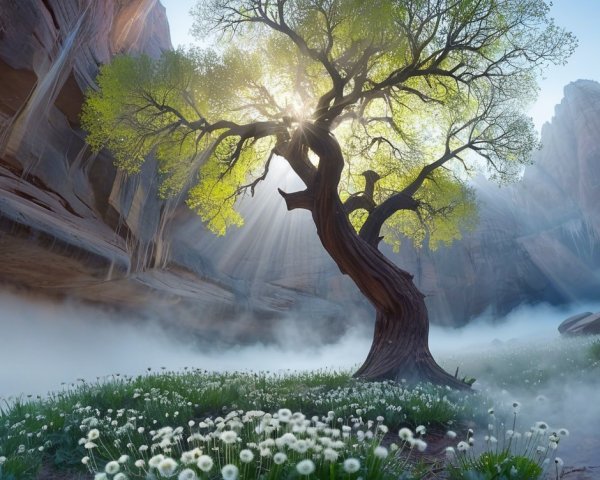 Majestic Tree in Serene Canyon with Dandelions