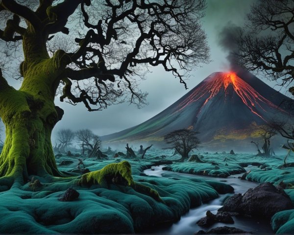 Erupting Volcano Amidst Ancient Trees and Stream
