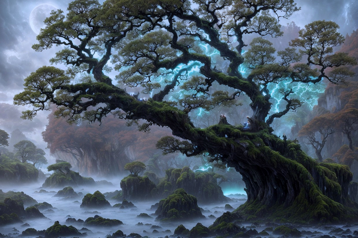 Glowing branches of ancient tree in misty forest at night