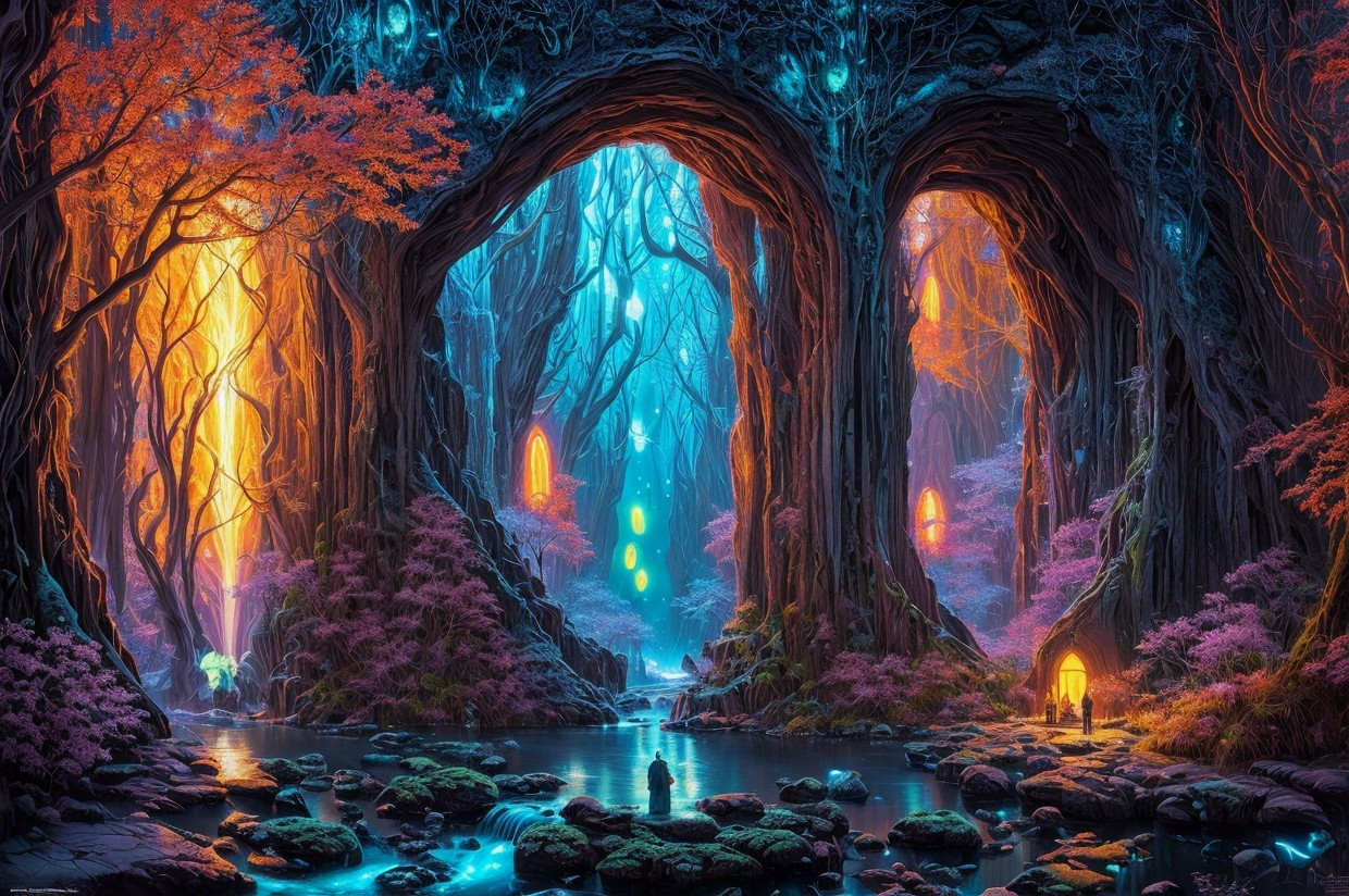 Mystical Forest with Glowing Trees and Floating Lights